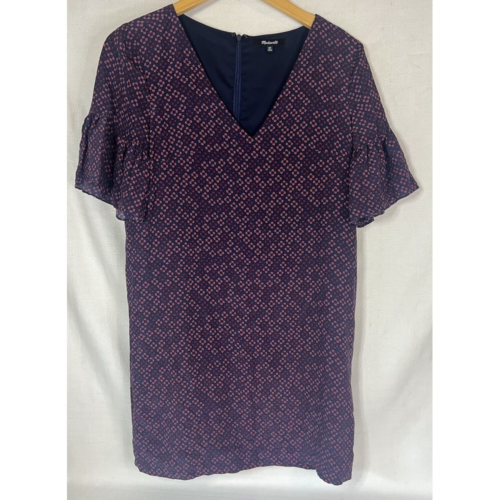 Madewell Purple Flower Print Flutter-Sleeve Short Dress Size 00 Navy V-Neck